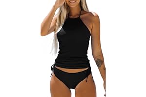 NICOXIJIA Two Piece Tankini Swimsuit for Women High Neck Tankini Top with Bikini Bottom Tummy Control Bathing Suits Beachwear