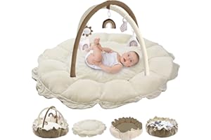 Mallify 5-in-1-Wandelbares Baby-Spielbogen mit 6 Spielzeug, Spieldecke zur Förderung der sensorischen Entwicklung, Babyspielmatte, Ballbad, Katzen- & Hundebett, weiche Plüsch Spieldecke, Braun