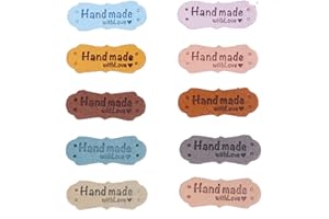 GUOGUONB 50 Pieces Handmade Leather Labels Tags Rectangular Sewing Cloth Labels Label Sewing with 4 Holes Hand Made with Love Label for Sewing Button DIY Crafting Scrapbooking Clothing Accessories, 4.2x1.5cm