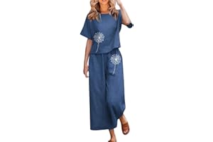 FULIDNGZG Completo Lino Donna Curvy Cerimonia Leggero Tuta Elegante Larghi Trasparente Tuta Elegante con Tasche Cerimonia Camicia + Pantaloni Lino Comode Taglie Forti Completo Elegante Tuta Estiva Slim Fit