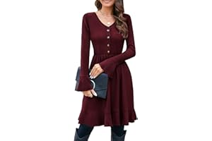 ULTRANICE Strickkleid Damen Herbstkleid Winterkleid V Ausschnitt Pulloverkleid mit Deko Knopf Herbst Winter Kleider