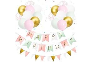 OHugs Happy Birthday Banner - Happy Birthday Decorations for Girls, Women with 20 Thick 12 Inch Pastel Party Balloons - Macaron Bunting Banner with Adhesive Wall Hooks, Ribbon