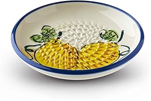 THE GREAT GARLIC GRATER Garlic Grater Plate. (#Ref 8). Handmade and Hand Painted in Cordoba, Spain. White Plate with Blue Rim and Lemon Pattern.