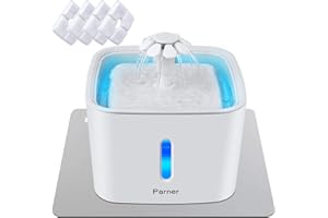 Cat Water Fountain, Parner 2.5L Cat Water Dispenser with Water Level Window, Cat Water Bowl with 4Pcs Filters & 1 Silicone Mat, Automatic Pet Drinking Fountain with LED Light, Night-vision