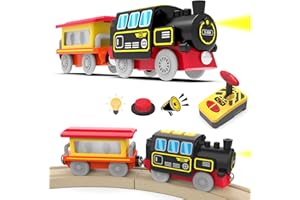 LiRiQi Tren eléctrico de Juguete para Niños Pequeños, Tren Juguete Teledirigidos con Luz y Sonido, Tren de Locomotora de acción con Pilas, Juguetes de ferrocarril de Madera Compatible con Thomas, Brio
