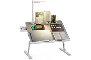 SAIJI stolik pod laptopa, stolik do łóżka, z lampą LED, regulowany kąt wysokości, stojak na książki, szufladę, stoper, otwór na tablet, nogi sanek