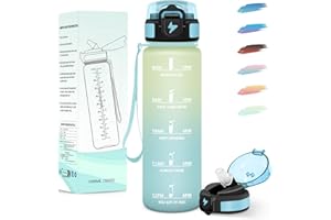 Motswedi Gourde 1l, avec Paille, Gourde Sport, Anti-Fuite, Bouteille, Réutilisable, Bouteille d'eau, avec Marqueur de Temps, pour Fitness, Yoga, Sport, Camping, Gym, Travail, Blanc Cassé-Bleu Clair