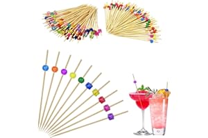 SPEACOUR 200 PCS Bâtonnets Cocktail Bambou 2 Styles Pique Cocktail Coloré Pic Aperitif decoratif Avec des pPerles Rondes Bâton de Cocktail pour Cocktails, Fruits, Ssalades, Gâteaux, Apéritifs,Fête