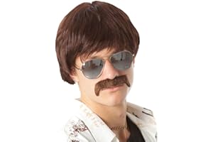 ALLAURA 60s 70s Mens Costume Wig Short Brown Wigs + Mustache Sonny Hippie 60s Singer TV Star Cop Detective Costume | Sonny Bono Costume Uncle Rico Compatible with Sonny Bono Wig Limu and Doug Liberty