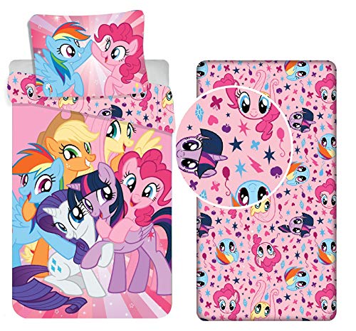 LTP- Parure de lit simple 3 pièces My Little Pony - Housse de couette + taie d'oreiller + drap housse en coton, pour lit d'enfant
