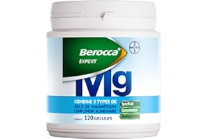 Berocca Expert Magnésium – Complexe 5-en-1 Bisglycinate, Malate, Citrate, Ascorbate, Oxyde – 250 mg – 120 Gélules