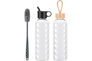 BLUEGO Bouteilles d'eau en verre, 700/900 ml Verre Gobelet, Bouteilles à boire avec 2 couvercles, Motivation Bouteille d'eau avec Marqueur de temps et manchon en silicone, Étanche