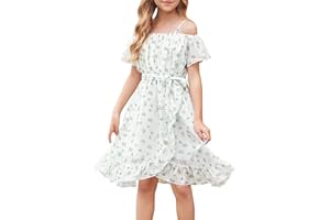 cenozo Casual Dresses for Girls, Chiffon Floral Dress, Off-the-Shoulder Summer Dress with Adjustable Straps, Leisure with Ruffle Sleeves, for Girls Aged 6 to 14 Years