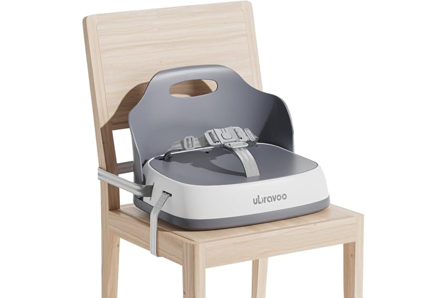 UBRAVOO Portable Booster Seat for Dining, Travel High Chair with 3-Point Harness and 2 Adjustable Straps, Washable Baby Food Chairs 6 Months Plus Sitting Up(Grey)