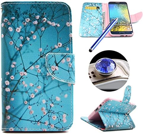 Etche Flip Case for Samsung Galaxy E7,Leather Case with Stand for Samsung Galaxy E7,Pretty Blue Flower Tree Pattern Pu Premium Leather Wallet Case with Magnetic Closure for Samsung Galaxy E7 with Blue Stylus Pen and Bling Glitter Diamond Dust Plug Colors Random-Blue Flower Tree