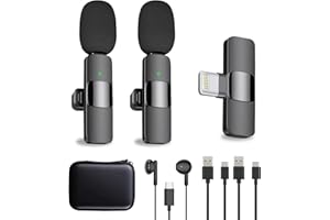 Ryzwoc Micrófono Inalámbrico para iPhone/iPad,Micrófono de Solapa Plug-Play para grabación de Video,Mini Mic para Youtube/TikTok,micrófonos con Clip para transmisión en Vivo,sin App (2 transmisores)