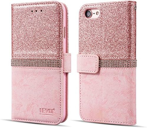 LEVOL Glitter Case for iPhone 7 Plus iPhone 8 Plus,Bling Glitter Diamond Folio Leather Wallet with [Kickstand][Card Slots][Magnetic Closure] Flip Case for iPhone 7 Plus/iPhone 8 Plus [Rose Gold]