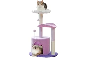 PETEPELA Small Cat Tree 84cm Modern Scratching Post for Small to Medium Size Cats Cat Tree with Plush Cave Bobble Ball Sisal Rope Scratching Post Purple