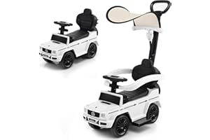 COSTWAY Mercedes Benz Rutschauto, 3 in 1 Rutscher Auto mit Sonnendach & Stauraum & abnehmbaren Schutzbügel & Schiebestange, Rutschfahrzeug mit Motorsound & Hupe, für Kinder ab 1 Jahr (Weiß)