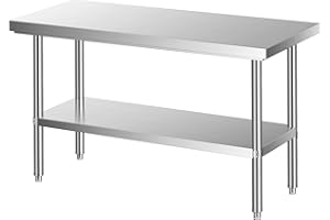 LEEVOT Tavolo da Cucina Professionale in Acciaio Inox, 2 Ripiani in Legno e Acciaio, per Cucine Professionali, Laboratori, Ristoranti e Bar, Capacità di Carico 150KG/100KG (150x60cm)