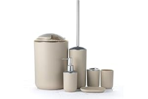 JOTOM Accessori per il Bagno Design Moderno Set di 6 Pezzi di Plastica Set di Sapone emulsione Scatola Denti Tazza di Toilette Pattumiera (Beige)