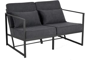 Mingone Divano 2 Posti in Tessuto Lino con Imbottito Design Moderno Divanetto con Braccioli con 2 Cuscini con Gambe in Metallo adatto a Soggiorni Camere da Letto Camere Degli Ospiti, Grigio Scuro