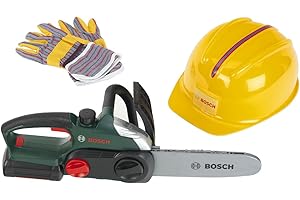 Theo Klein 8456 Bosch Set Bûcheron I Robuste Tronçonneuse Avec Fonction Sonore et Lumineuse I Casque et Gants de Travail de Très Haute Qualité pour Jeux de Rôle I Jouet pour Enfants Partir de 3 ans