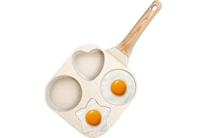 Justup Poêle à œufs au plat, poêle omlette à 4 trous, pour cuire des œufs, des hamburgers ou du bacon, poêle à œuf en forme de cœur, convient pour cuisinière à gaz et à induction (blanc)