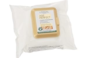 L'Oréal Paris - Lingettes Démaquillantes Visage & Yeux - Défroissantes & Défatiguantes - Enrichies en Pro-Calcium & Huile d'Amande Douce - Peaux Matures - Age Perfect - Pack de 25