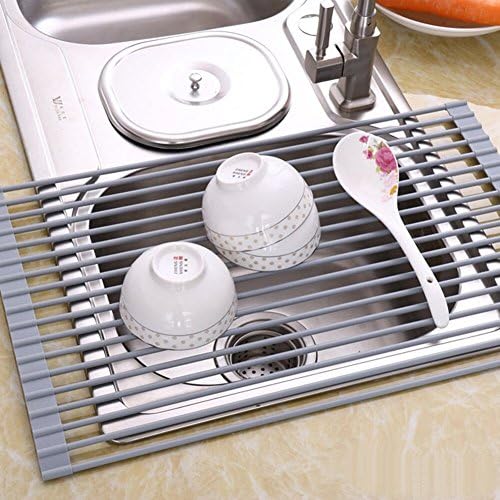 Esnbia Dish Rack Large Over the Sink Roll Up Storage Multipurpose Dish Drying Rack Drainer 52 x 33cm (Grey)