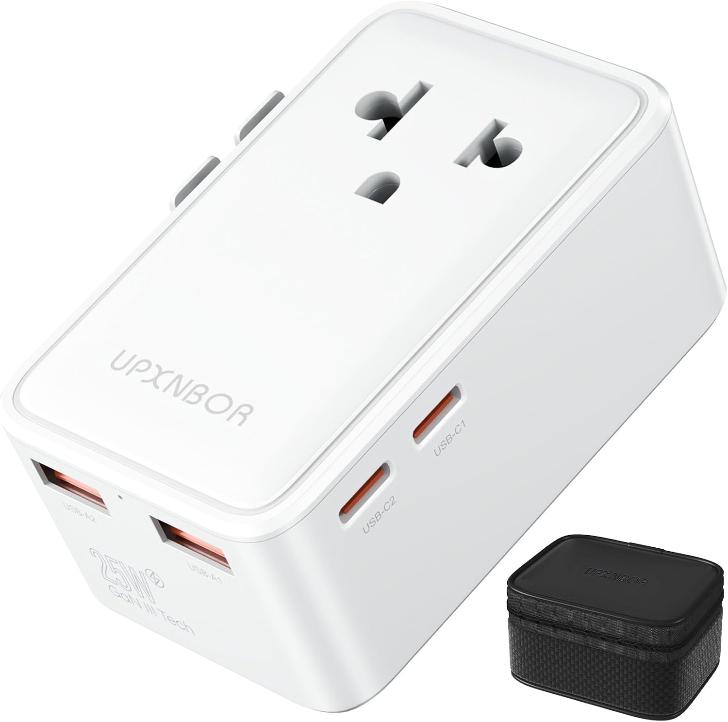 UPXNBOR Nuevo 2026 Adaptador Enchufe Universal Ultrafino, USB-C PD 25W y USB-A QC 18W (2A + 2C), Viajes Accesorios, Adaptador de Viaje Enchufe UK/USA/Australia/Japón/Tailandia (con Funda incluida)