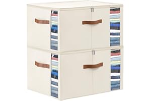 WELTRXE 2 Pack 65L Storage Boxes with Lid, Zip, Foldable Wardrobe Storage Organiser, Oxford Fabric Moving Bag with PP Panel Frame Support for Clothing, Bedding, Blanket, Cream