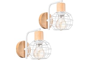 LIGKIN 2 Piezas Lámpara de Pared Vintage, Aplique de Pared Interior Industrial, E27 Madera Metal Vintage Diseño de Jaula Ø13,5cm, Aplique Pared de Industrial para Salón, Pasillo(Blanco)