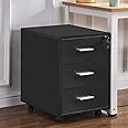 Redd Royal Mobile Wooden Home Office File Storage Cabinet with 3 Drawers, Under Desk Unit Document Filing Pedestal Cabinet with Wheels for Small Spaces (Black with Lock)