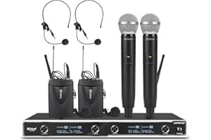 D Debra D-440 UHF 4 Channel Wireless Microphone System with 2 Cordless Handheld Mics and 2 Lavalier Headset Mics, Ideal for Karaoke, Party, Church, Wedding, 300 Ft (2 Handheld & 2 Bodypack)