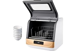 ZOOBOTANICA Tischgeschirrspüle,Mini-Geschirrspüler mit 3 Programme, mit Wasseranschluss Verwendbar,Auto-Trocknung, LED-Display,Mini Spülmaschine für Büro,Camping,Wohnmobil (Schwarz+Gold)