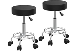 RCYNVIEW Taburete Giratorio sobre Ruedas Juego de 2, Taburete Rodante Regulable en Altura, 49-64 cm, Asiento Tapizado de Cuero Sintético, 10cm de Grosor, para Trabajo, Estudio, Oficina, Clínica, Taburete Negro
