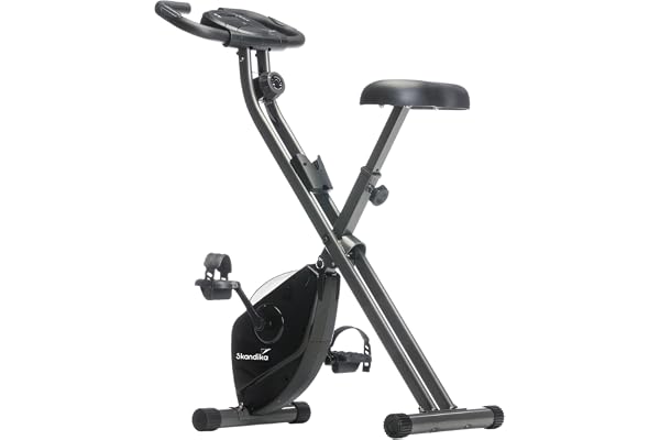 Skandika Vélo d’Appartement Pliable Foldaway X-1000, 8 Niveaux de Résistance Magnétique, Velo D Appartement, Écran LCD, Capteurs de Pouls, Selle Rembourée, Rangement Facile, Selle Reglable, Max 130KG