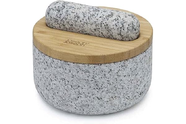 Joseph Joseph Dash Pilon et Mortier Cusine en Pierre, Granit naturel avec couvercle en bambou, outil de broyage pour moudre les épices, poudre de pesto, herbes