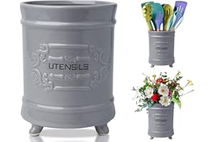 Comfify Francuski ceramiczny uchwyt na przybory kuchenne - Caddy w stylu vintage, organizer na przybory kuchenne, antyczny design, rustykalny słoik na przybory kuchenne, szary