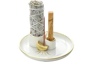 WOKICOR Palo Santo - Porta incenso 4 in 1, motivo: luna, in ceramica, per qualsiasi incenso, salvia bianca, bastoncini di incenso e portacandele, vassoio per sala meditazione, yoga