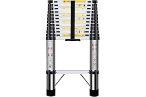 HUIYOPU Scala Telescopica 3,8m, Scala Retrattile in Acciaio Inossidabile, Gradino Regolabile, Carico Massimo 150kg, Utilizzato per Manutenzione Quotidiana, Edifici