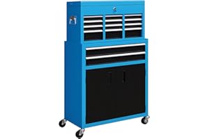 HOMCOM Tool Chest, Metal Tool Cabinet on Wheels with 6 Drawers, Pegboard, Top Chest and Roller Cabinet Combo, 61.6 x 33 x 108cm, Blue