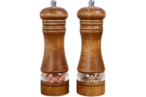 Haomacro Manual Pepper and Salt Mill, Wooden Adjustable Pepper Grinder Spice Shaker for Professional and Home Kitchen Use, Set of 2 Spice Grinders, 6.5 inches in Height
