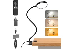 iFalarila Reading Light with Remote, LED Desk Lamp Clip on [1H Timer & Nightlight] RA>95 Dimmable Flexible Gooseneck, USB Reading Lamp Clamp for Table - 9CM Lamp Head - Black (Adapter Included)