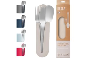 BEOLA Stainless Steel Cutlery Set with Silicone Case, Travel Utensils with Pouch, Reusable Fork Spoon and Knife, Cutlery for Lunch Box Kids School, Camping Outdoor, Set of 4pcs (Sand Dune)
