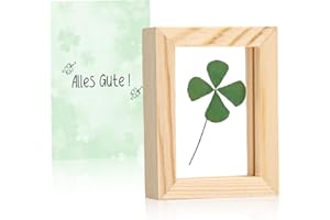 JANUIXCO Kleine Glücksbringer - Holzrahmen mit Echtem Vierblättrigem Kleeblatt - Hochwertige Handarbeit - Glücksbringer für Prüfung, Mutmacher, Gute Besserung & Dankeschön