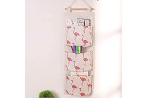 Andiker Wall Hanging Storage Bag, Linen Hanging Storage Organiser, Over Door Storage 3 Pockets Storage Bag with Waterproof PE Coated Interior for Door, Wall, Closet, Wardrobe (White Flamingo)