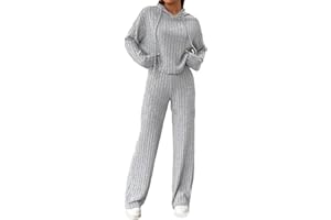 Caziffer Women 2 Piece Spring Outfits Solid Color Ribbed Knitted Hoodie and Wide Legs Pants Set Loungewear Nightwear Sleepwear Homewear Aesthetic Sets Tracksuit