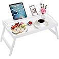 Breakfast Bed Tray Table with Handles Folding Legs Bamboo Bed Tray with Media Slot,Foldable Platter Tray, Laptop Desk,Snack,TV Bed Tray Kitchen Serving Platters Tray (White)